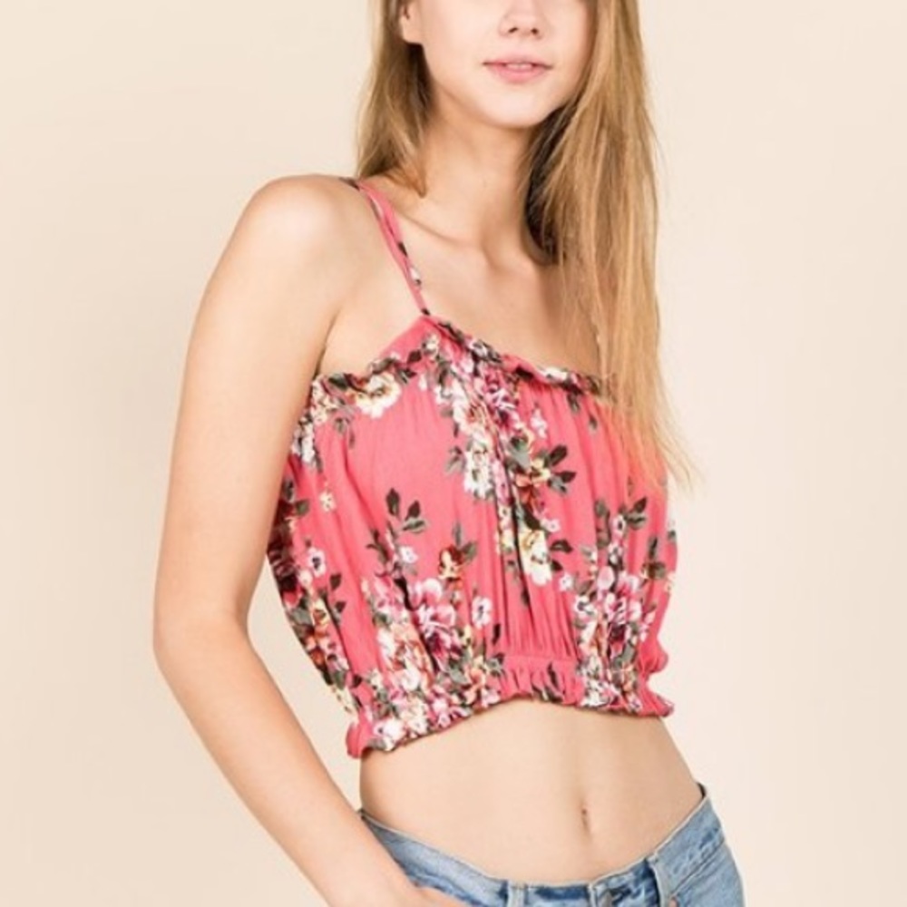 SOLD Pink Floral Crop Top Self Tie Strap Frill